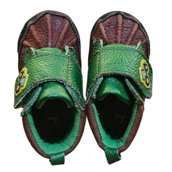 John Deere Upper Leather Green Brown Baby Booties Size 3 - Picture 4 of 9